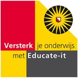 vlak met rode, gele en grijze elementen en de sol van Universiteit Utrecht met de tekst Versterk je onderwijs met Educate-it